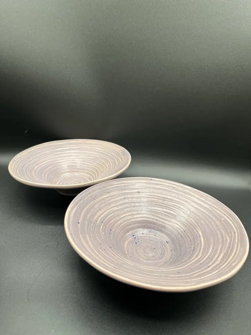 Pair Of Signed Art Pottery Purple Lavender Swirled Bowls 8.5”