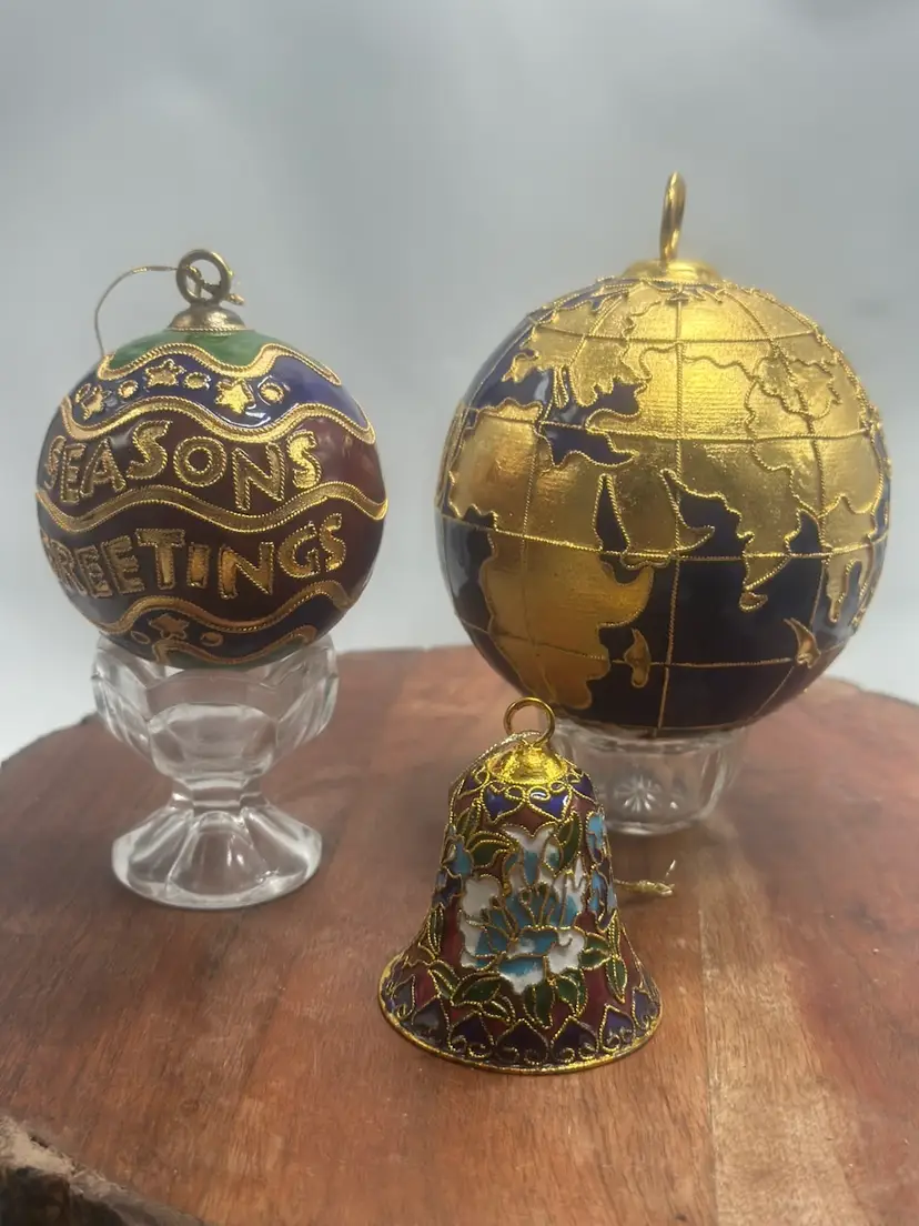Vintage Cloisonné Ornaments Seasons Greetings, World Globe & Bell Shelf Sitters Enamel Brass