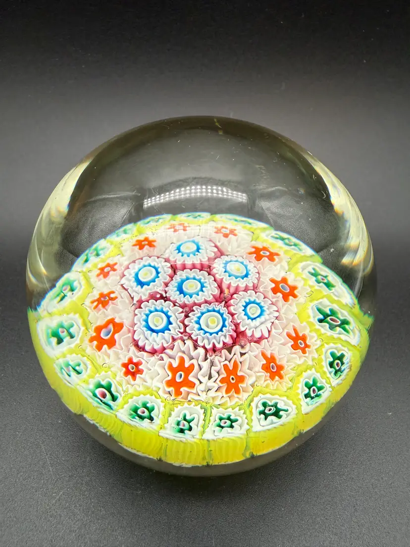 1960s KB Murano Millefiori Hand Blown Glass Paperweight with Yellow Blue Red and White Canes