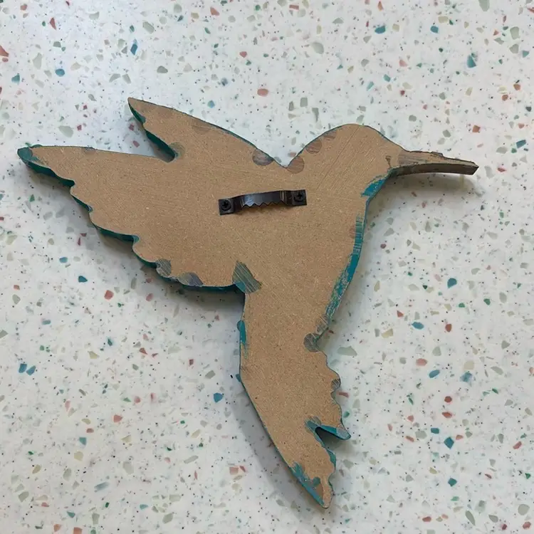 Hummingbird Cut Out Of MDF And Painted With Acrylic, Mica, And Epoxy;  7”x 8”x 1”