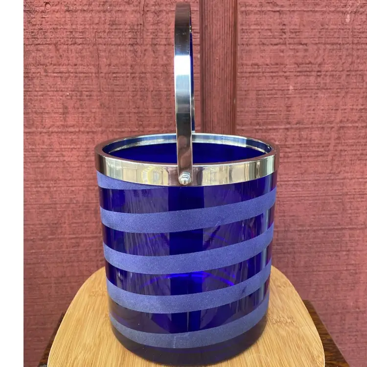 Cobalt Blue, Swirl Pattern, Ice Bucket With Silver-tone Metal Handle.