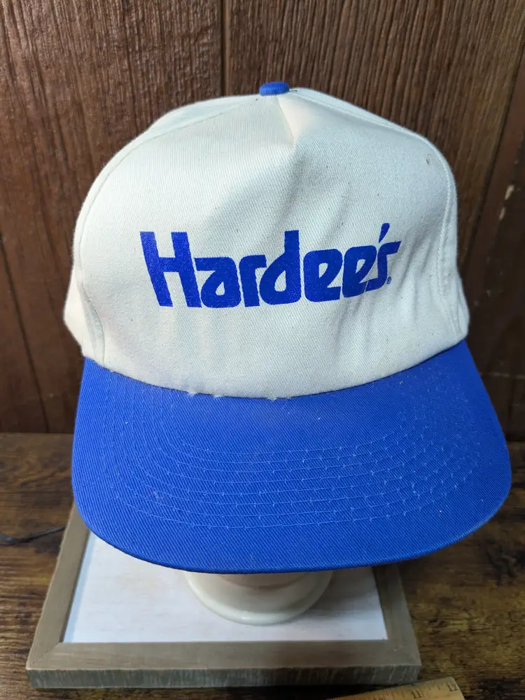 Vintage Snapback Hat Hardee's Fast Food White Blue