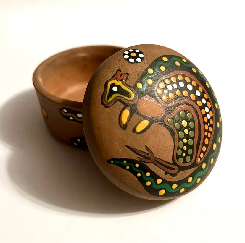 Hand Painted Australian Aboriginal Clay Dot Art Pottery Trinket Box 3" D