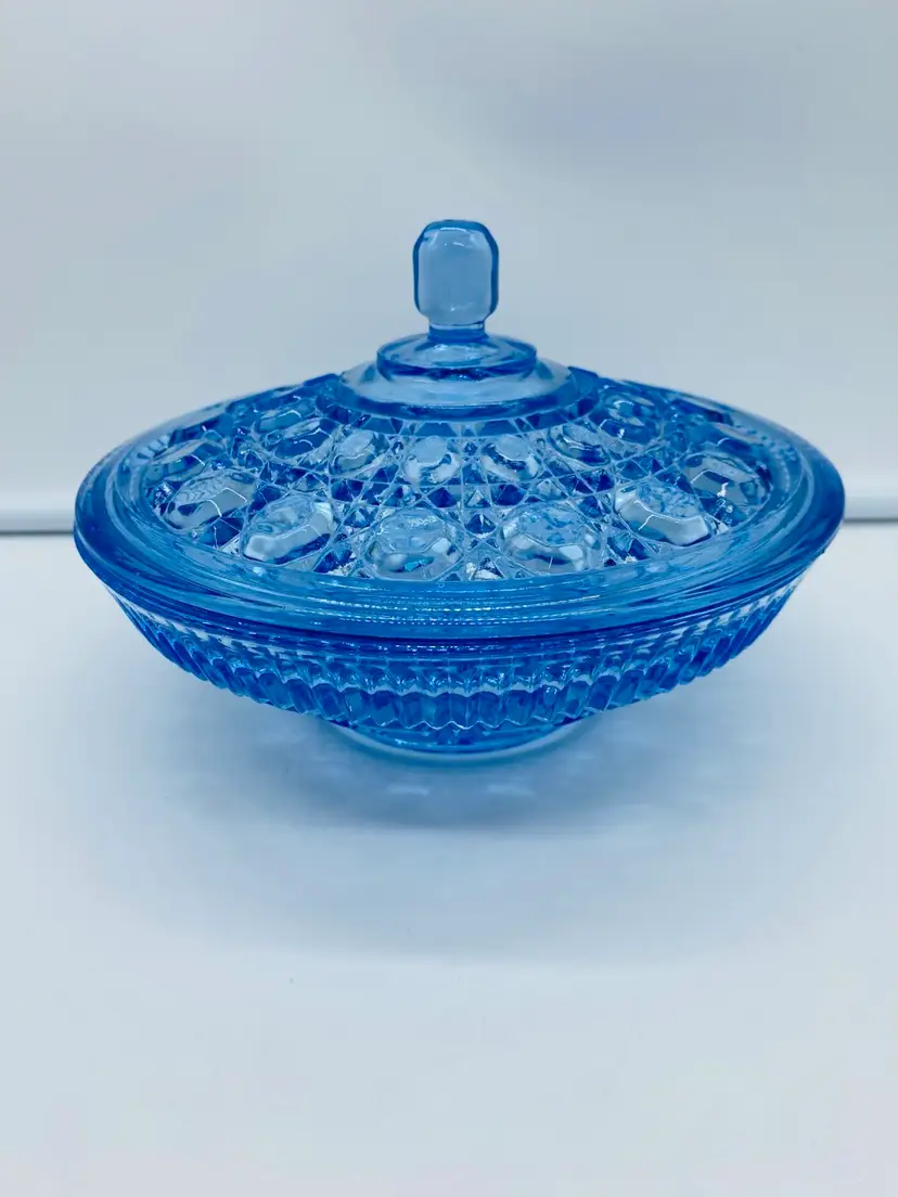 Vintage Indiana Glass Windsor Blue Button & Cane Candy Dish w/Lid 7-1/2"