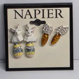 #01 Vintage Napier Easter Bunny, Decorated Egg, and Carrot Earrings Set