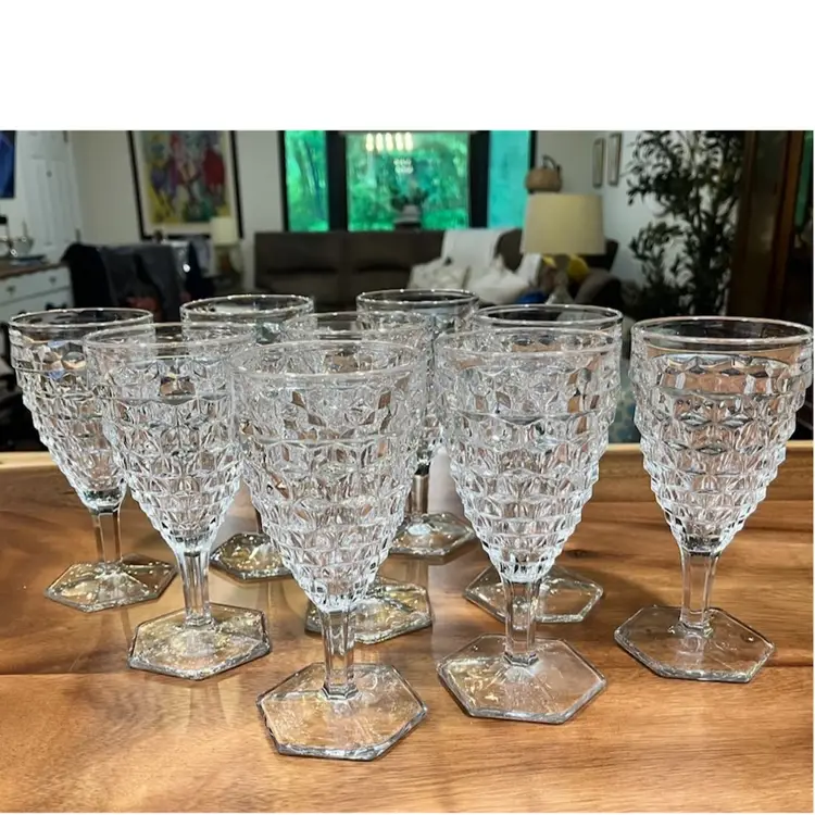 Beautiful- Set of 9- Fostoria American -Cubist -Water Goblets- Height: 6 7/8”, Width: 3 1/4”