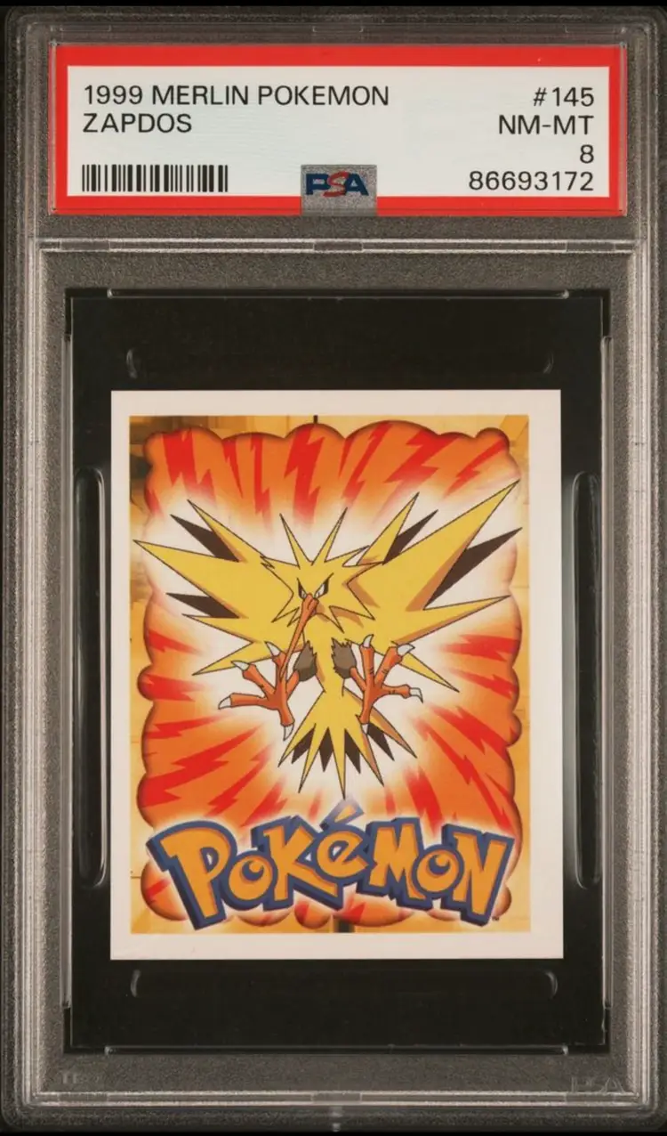 POKEMON SERIES 1, MERLIN TOPPS STICKER # 145, ZAPDOS, YEAR 1999 PSA 8