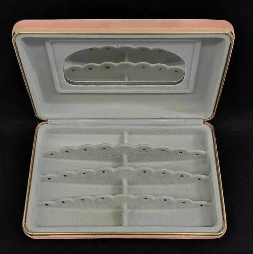 Vintage Mele Jewelry Box Earring Case Retro 60s Peach Pink Velvet Travel Mirror