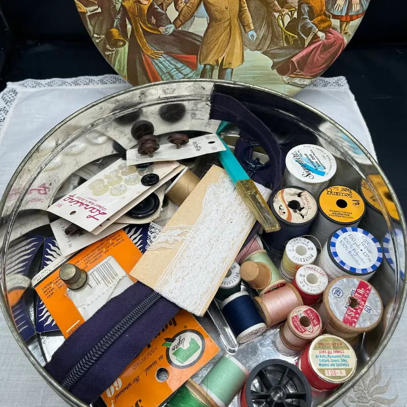 Vintage Sewing Notions In Maurice Lemell Currier And Ives Winter Scene Cookie Tin 3 1/2” x 10”