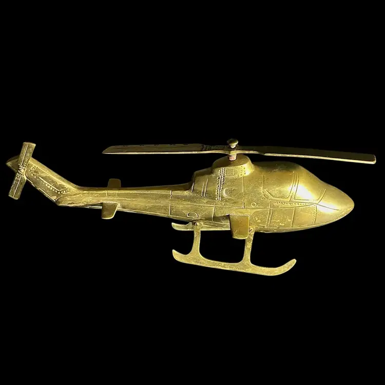 Vintage Penco Solid Brass Helicopter W/ Moving Propeller 17" Long  Made In Korea