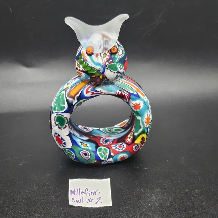 #2 HTF Vintage KB Italy Murano Venetian Art Glass Satin Millefiori Cut Cane Owl Napkin Ring RARE!