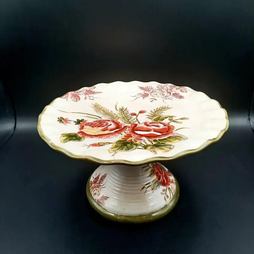 Vintage Fern and Roses Pedestal Cake Plate Stand Ceramic Ruffled Edge