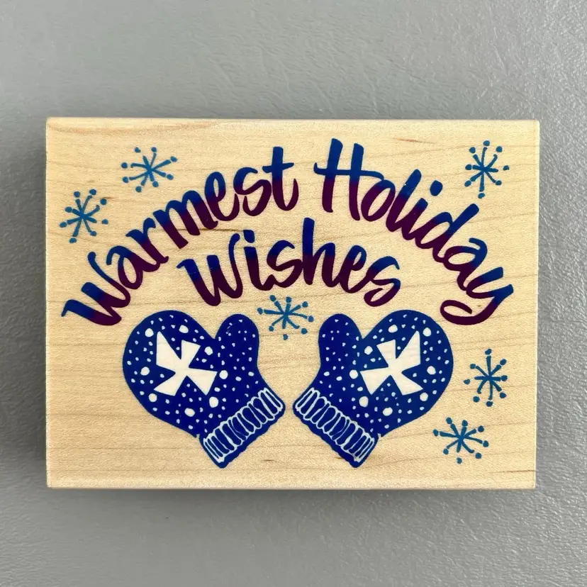 All Night Media 550J70 Warmest Holiday Wishes 3”x4” Wood Mounted Rubber Stamp Mittens Snowflakes