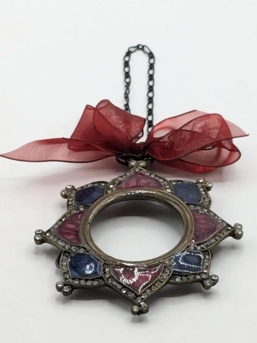 Mini Photo Frame Stained Glass Look Rhinestone Ornament with Red Ribbon READ