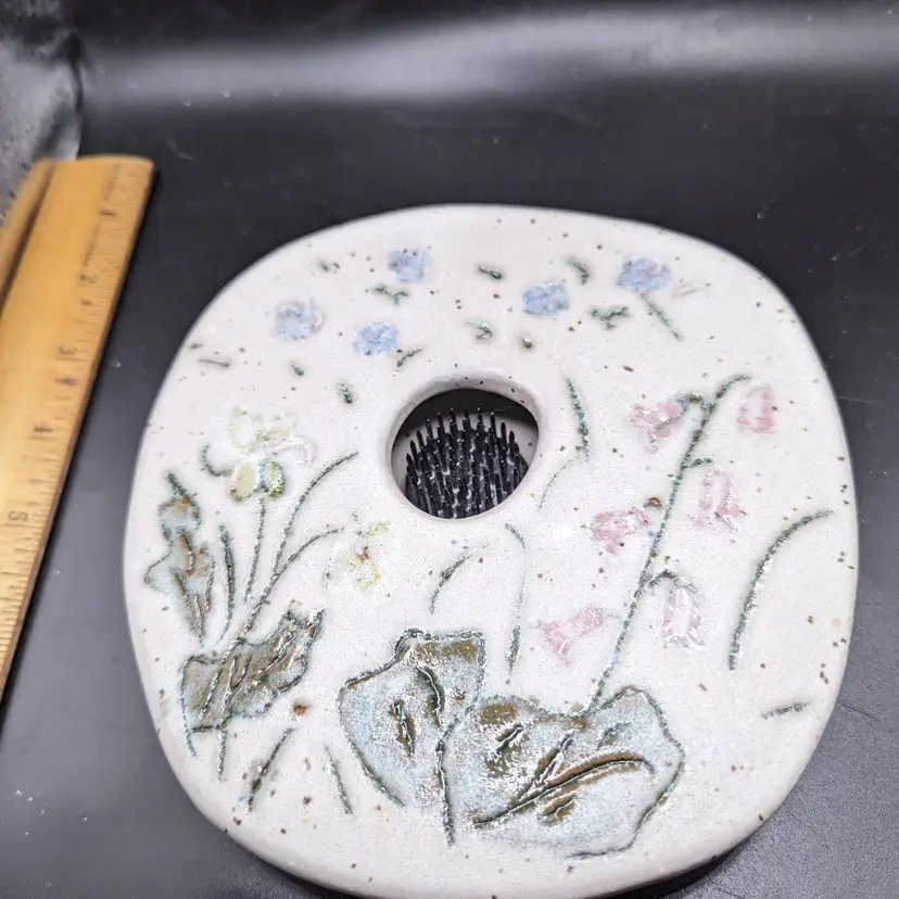 Vintage Studio Art Pottery Round Ivory Ikebana Vase With Pin Frog - Elegant Flower Hand Painted Design Signed.