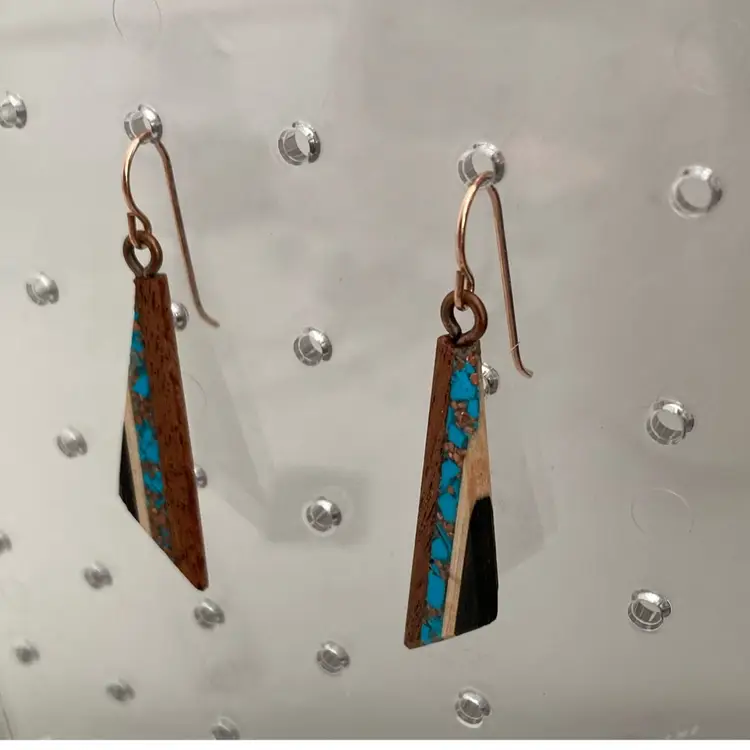 Southwestern Geometric Artisan Wood Earrings With Inset Turquoise And Copper