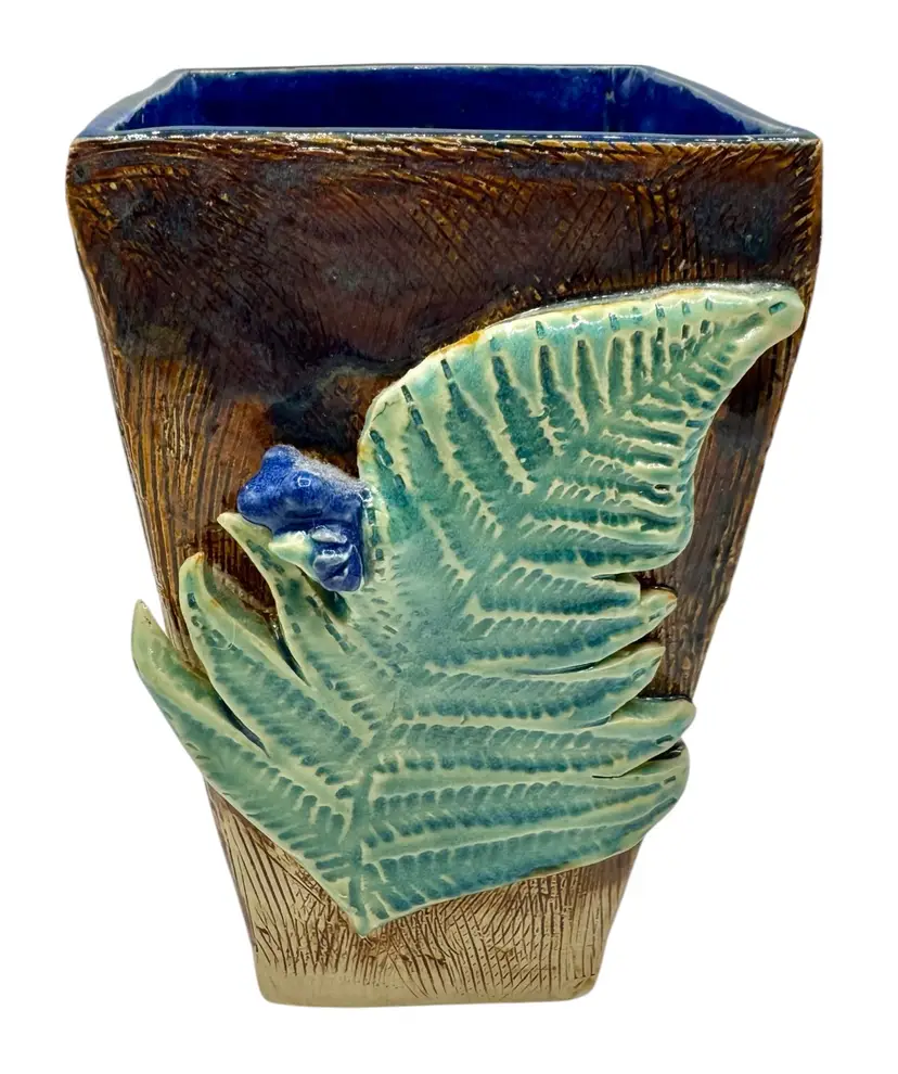 Signed Studio Art Pottery Slab Vase Fern Leaf Blue Tree Frog Green Brown 7.5”
