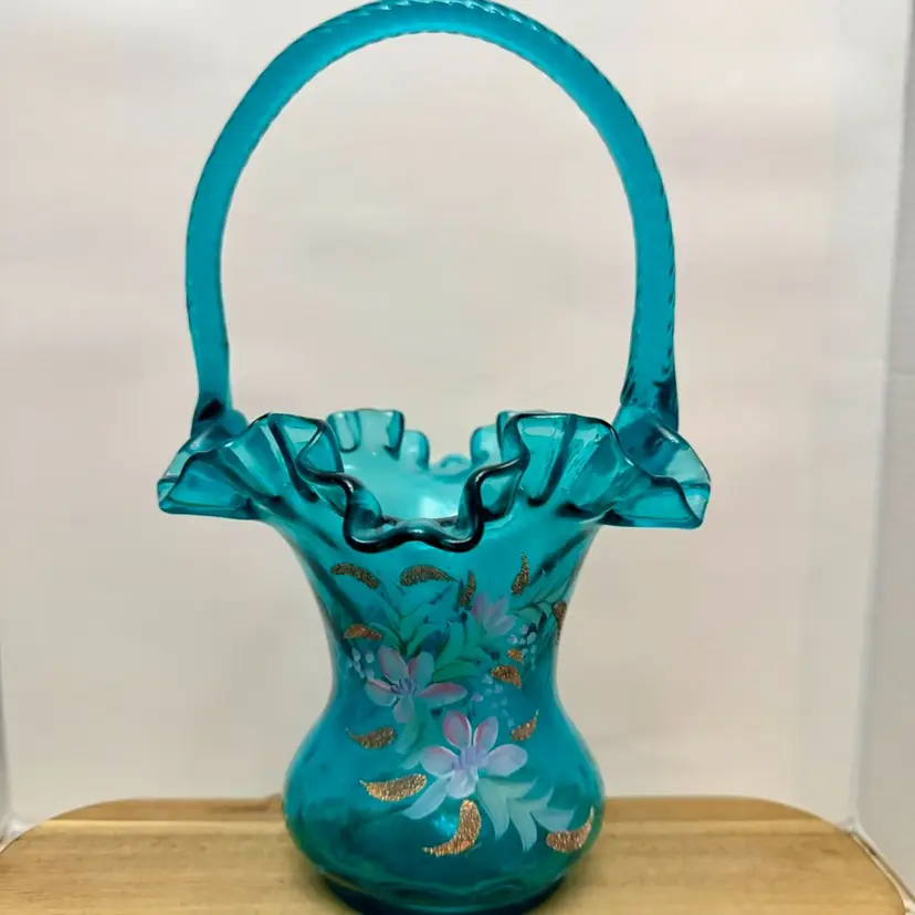 Fenton Hand Painted Teal Blue Ruffled Glass Basket