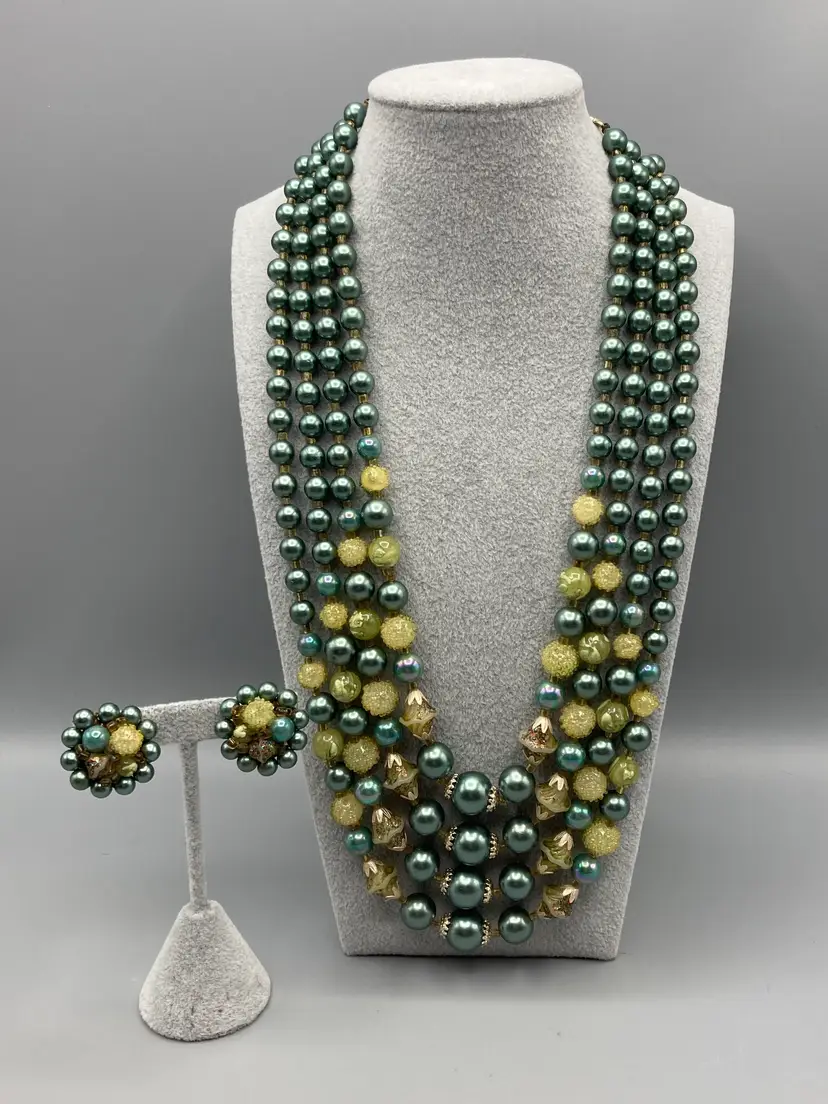 Vintage Green Beaded 4 Strand Necklace and Clip-on Earring Set - Made in Japan