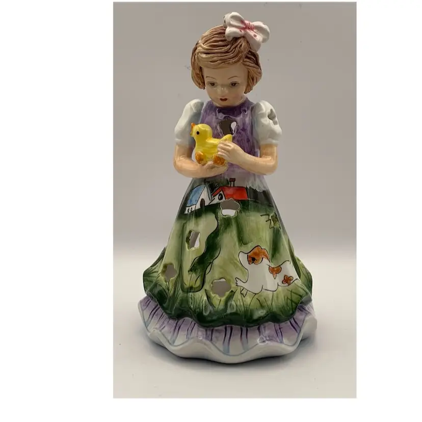 Ceramic Spaghetti Hair Girl, Tea Light Holder. With Toy duckling and puppy dog. Hand painted.