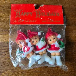 Vintage Hard Plastic Kitsch Christmas Pixie Elves Ornaments New Old Stock