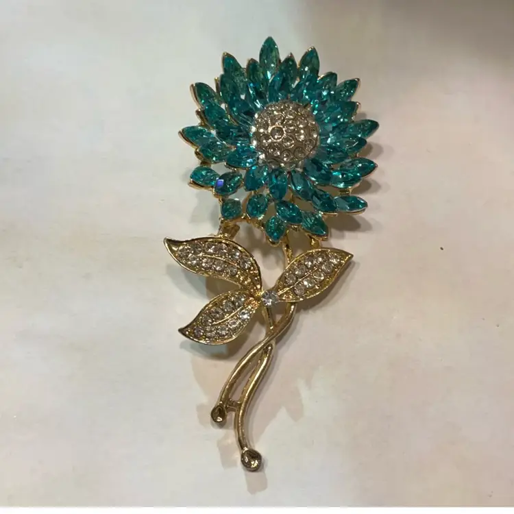 Blue And Clear Rhinestone Flower Brooch