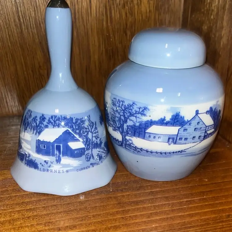 Vintage Currier & Ives The Old Homestead In The Winter Blue Ceramic Bell 5-1/2” And 5” Ginger Jar With Lid