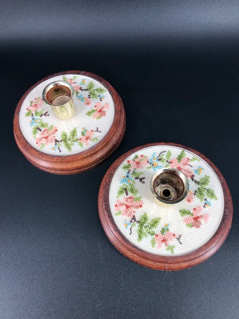 Vintage Set of 2 Floral Cross Stitch Candle Holders
