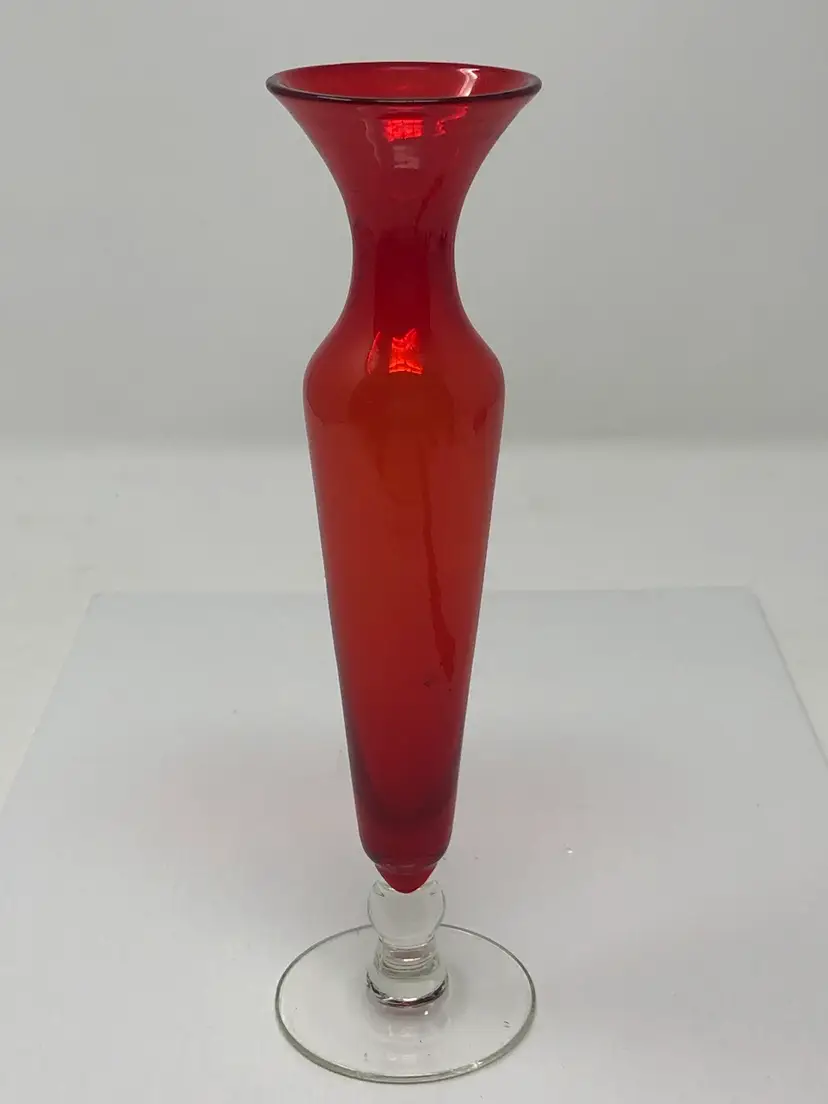 Fine Red Glass Vase with Clear Pedestal Base
