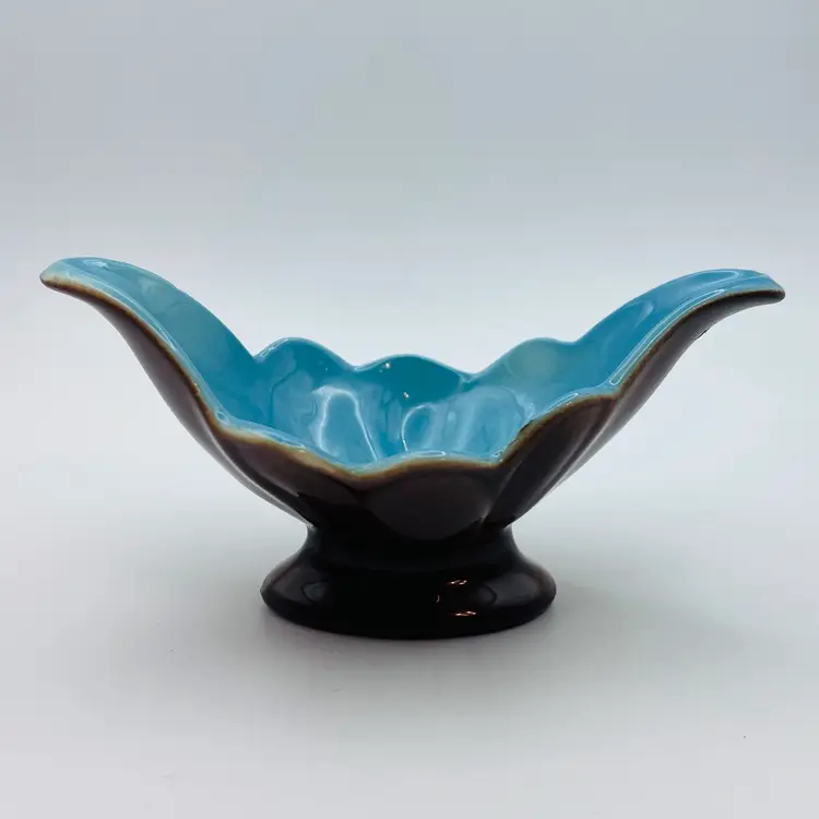 Vintage Midcentury Blue And Brown Ceramic Small Flared Planter Bowl 2.75”x 5.5”