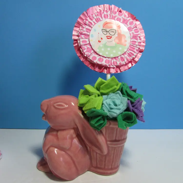 vintage pink ceramic rabbit with basket planter holder spring Easter country decor assemblage