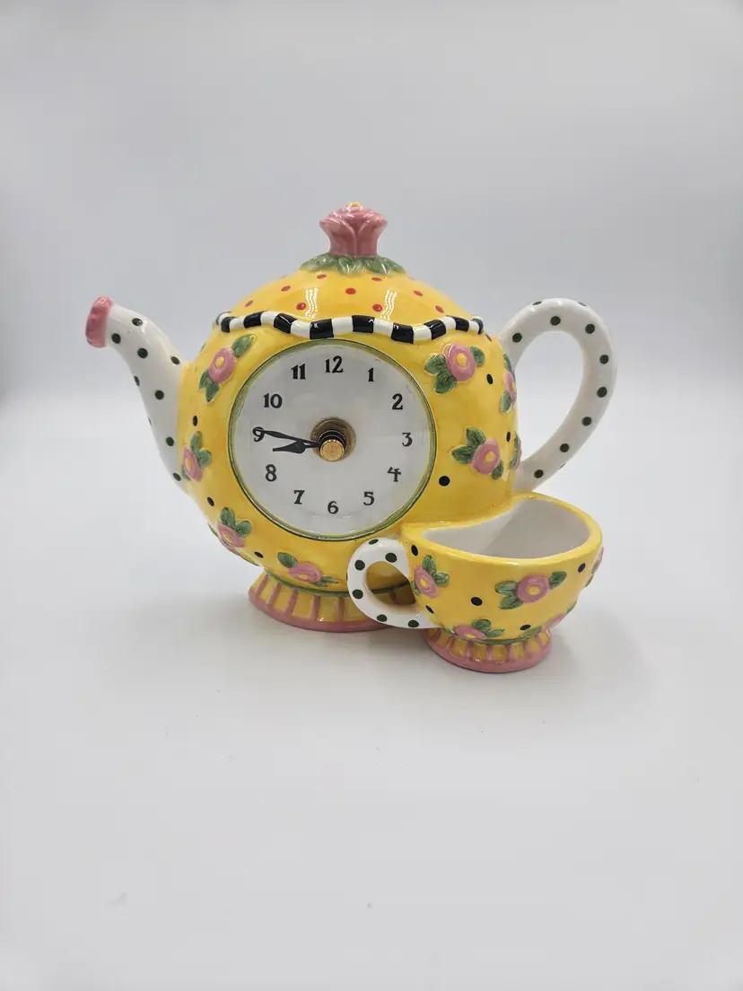#B69 ME Michel and Co. Yellow Floral Teapot Working  Clock