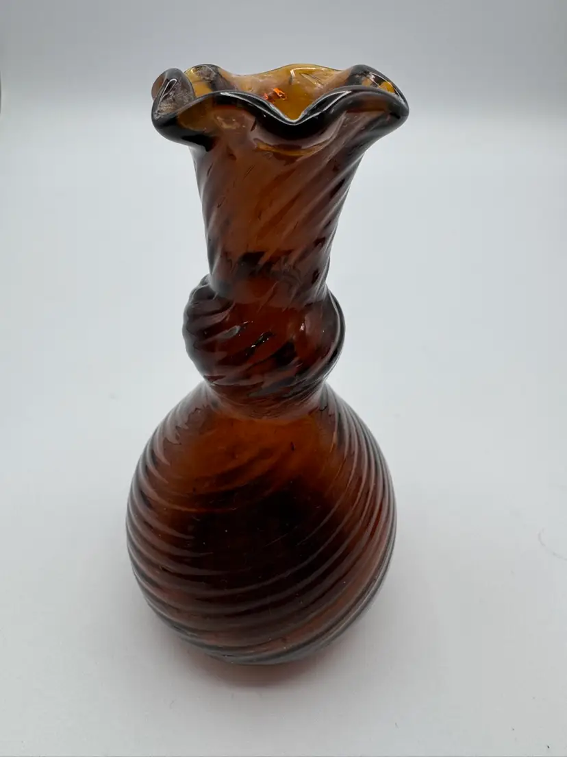 Vintage Brown Hand Blown Art Glass Small Mini Vase