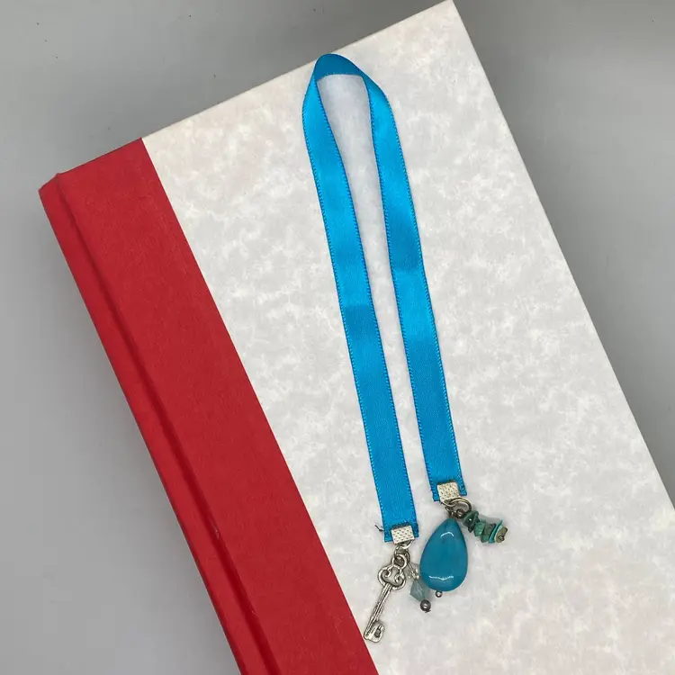 Turquoise Handmade Satin Ribbon Teardrop Bead Turquoise Chip Beads & Key Dangle Charms Bookmark 10.75"