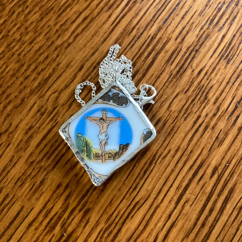 Broken Pottery Artisan Made Pendant Christian Religious Plate Handcrafted Necklace 1 3/8 in x 1.5 in