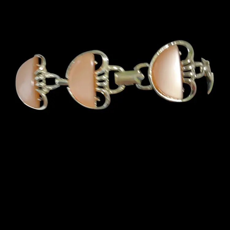 Vintage Goldtone Pearly Cream Thermoset Link Bracelet. Half Moon Design. Not Signed