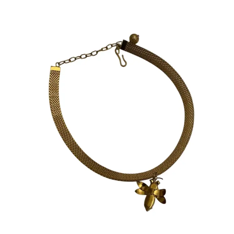 Vintage Mesh Gold-Tone Choker Necklace With Green & Gold Bug  11 1/4” With 2 1/2” Extender