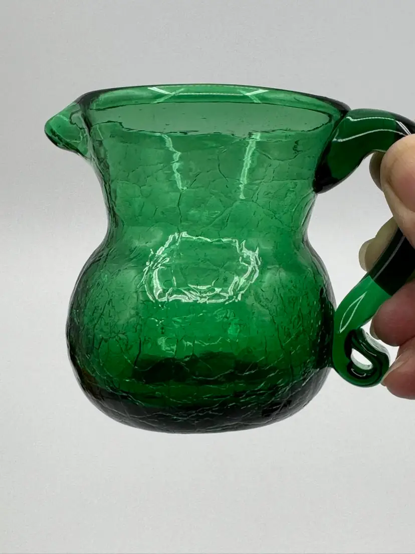 #06. Vintage Emerald Green Hand Blown Crackle Art Glass Small Pitcher