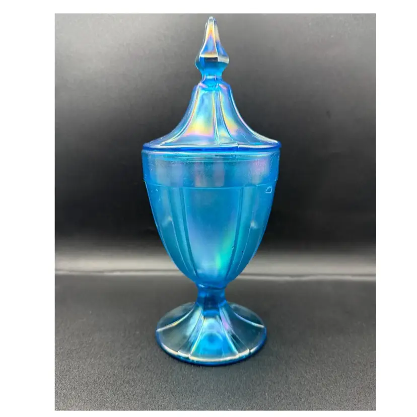 Fenton Stretch Celeste Blue Iridescent Covered Candy Jar