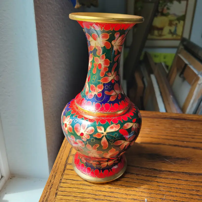Vintage Chinese Cloisonne Enamel Vase Featuring intricate floral design and Brass Base