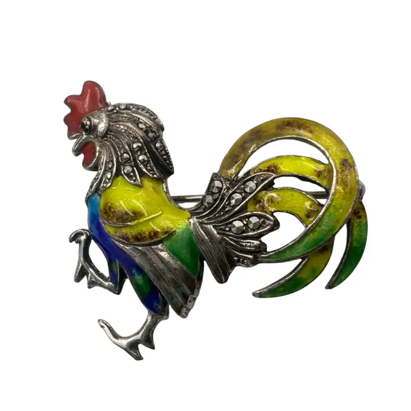 Alice Caviness Vintage Sterling Enamel Rooster Brooch 1.6” x 1.6”