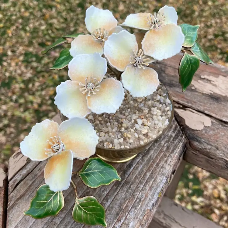 Bovano of Cheshire, Enamel On Metal, Blushed White Flowers On Branches in a Brass Pot. 6.5” x 5.75” x 4.75”h.