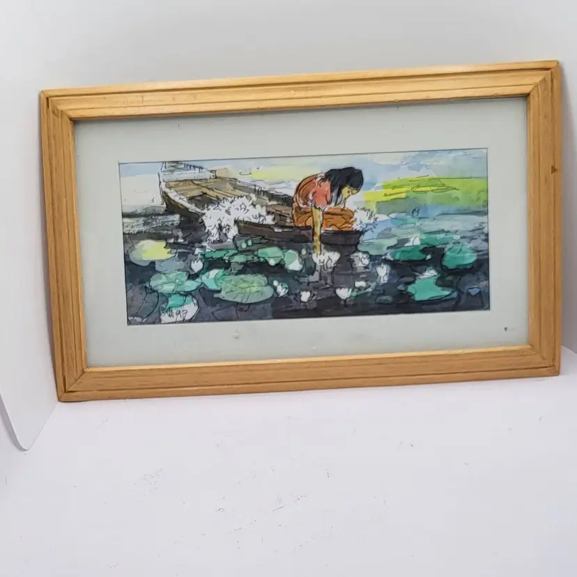 Vintage Watercolor Print of Girl by Lily Pond Artist Altaf Husain
