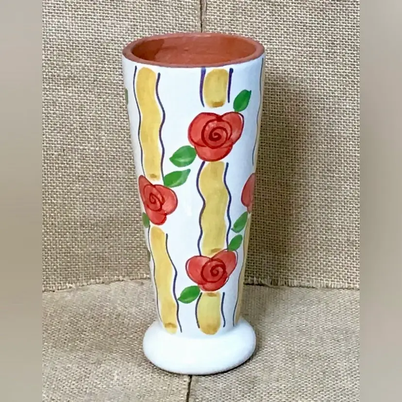 Floral Pedestal Pottery Vase Red Flowers Cottagecore Fun Whimsical Cheery