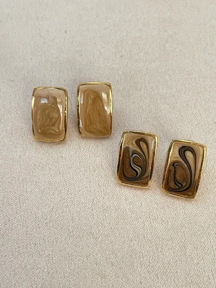 Set of 2 Pairs of Vintage Marbled Enamel Pierced Earrings