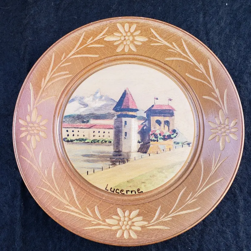 Lucerne Wood Souvenir Plate Primitive Architecture & Water Scene 6" Diameter 