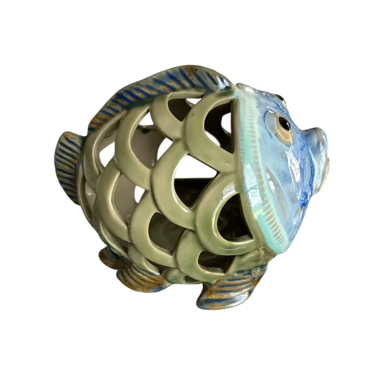 Blue and Green Ceramic Fish Face Votive Candle Holder