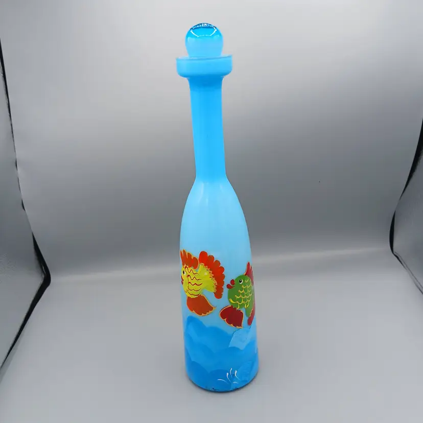 Whimsical Hand-Painted Tall Slender Decanter With Fluorescent Fish