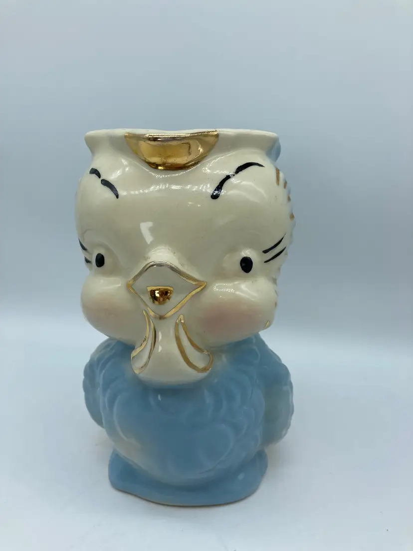 Vintage Shawnee Pottery Blue, Gold Trim Chicken Chick Pitcher American Bisque MCM