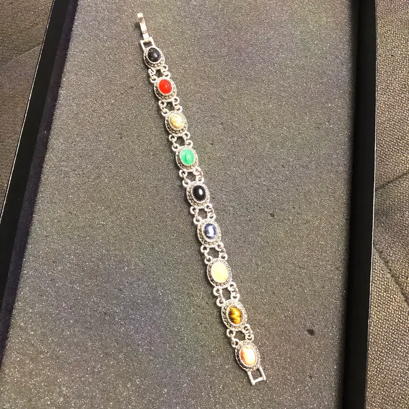 Multi-Color Cabochon Stone Silver-Tone Bracelet